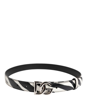 Black White Leather Silver Metal Buckle Belt