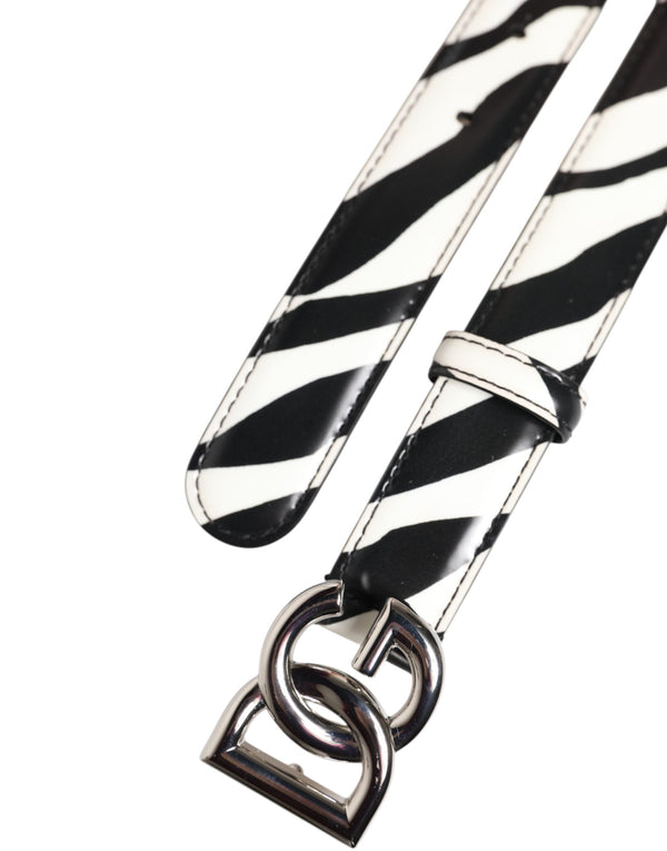 Black White Leather Silver Metal Buckle Belt