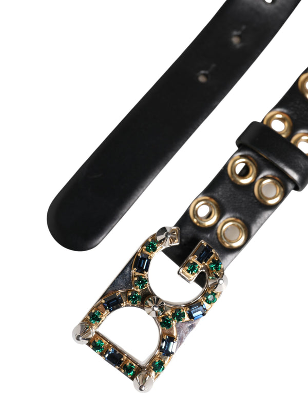 Black Leather Eyelet Crystal DG Buckle Belt