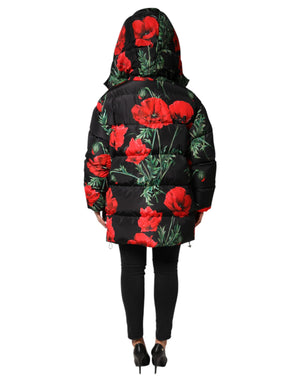 Black Floral Polyester Hooded Quilted Jacket