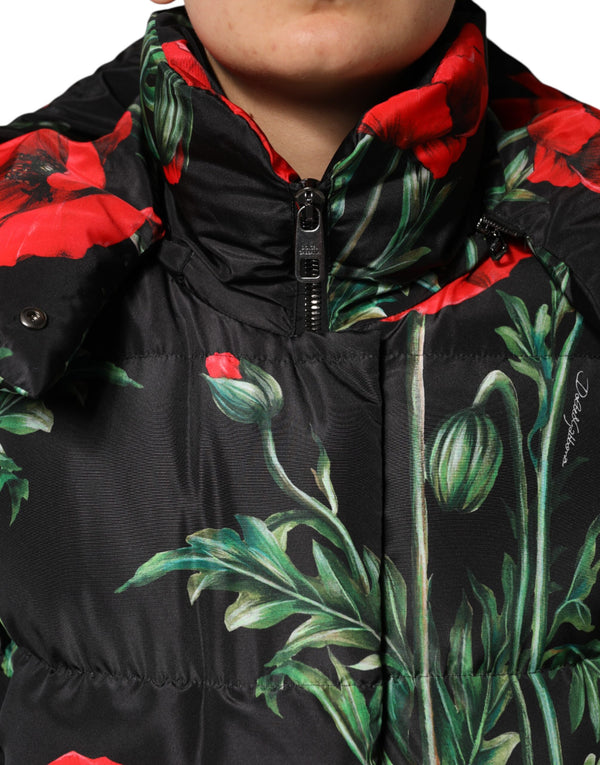 Black Floral Polyester Hooded Quilted Jacket