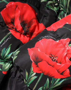 Black Floral Polyester Hooded Quilted Jacket