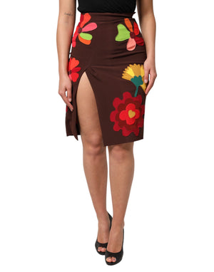 Brown Floral High Waist Side Slit Skirt