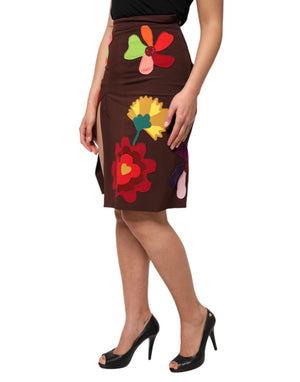 Brown Floral High Waist Side Slit Skirt