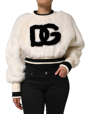 White Cropped Faux Fur DG Sweatshirt Sweater