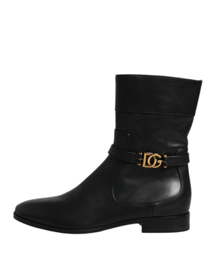 Black Leather Flats Logo Short Boots Shoes