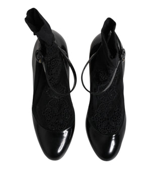 Black Leather Lace Socks Heels Pumps Shoes