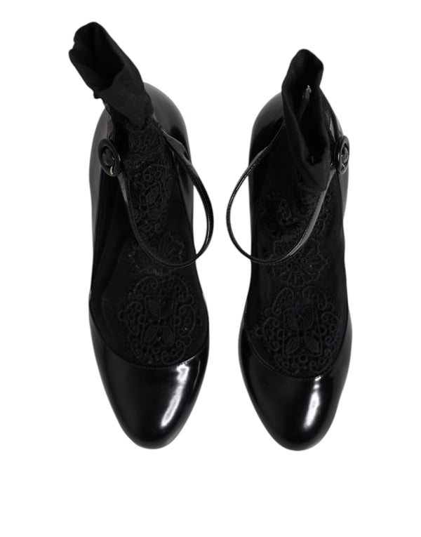 Black Leather Lace Socks Heels Pumps Shoes