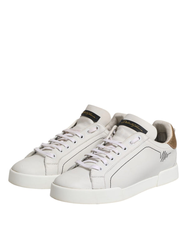 White Gold Leather Low Top Sneakers Shoes