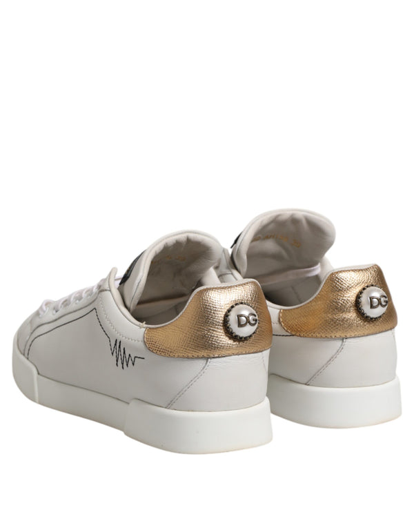 White Gold Leather Low Top Sneakers Shoes