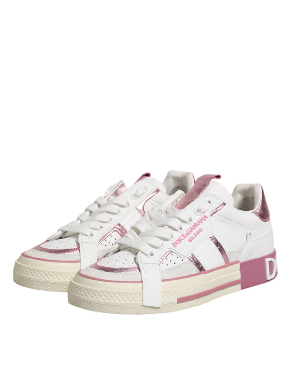 White Pink Leather Low Top Sneakers Shoes