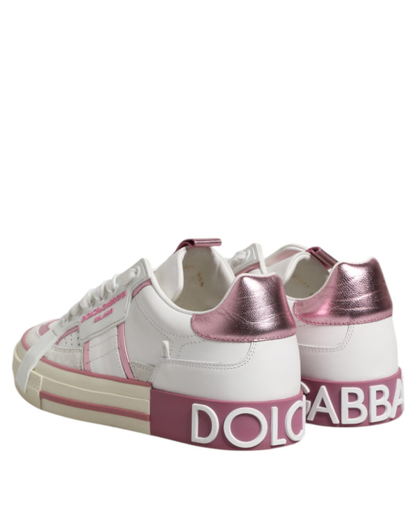 White Pink Leather Low Top Sneakers Shoes
