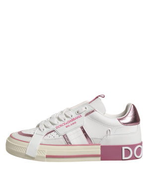 White Pink Leather Low Top Sneakers Shoes