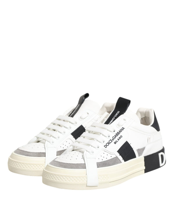 White Black Leather Low Top Sneakers Shoes