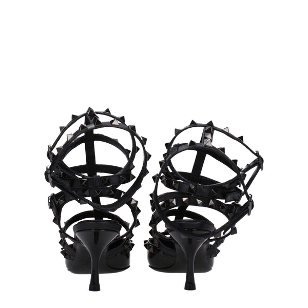 Black Leather Stiletto Heel Sandals