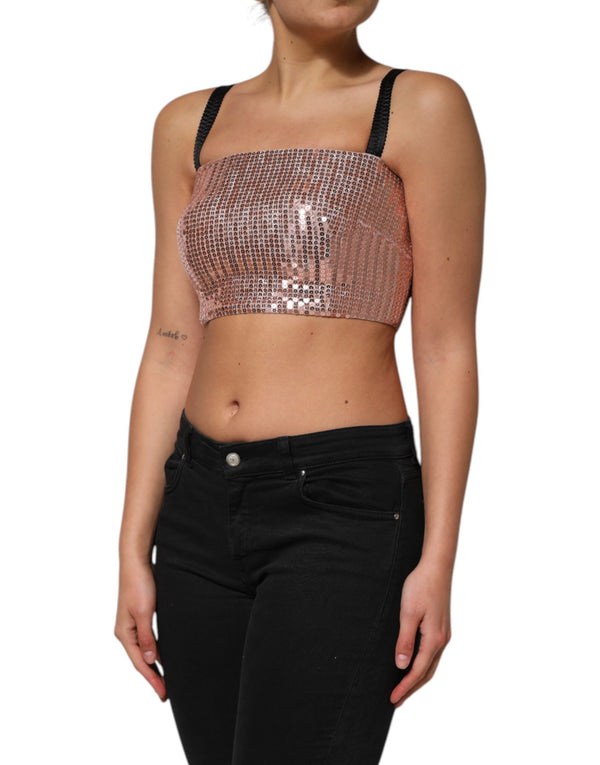 Pink Sequined Nylon Sleeveless Cropped Top