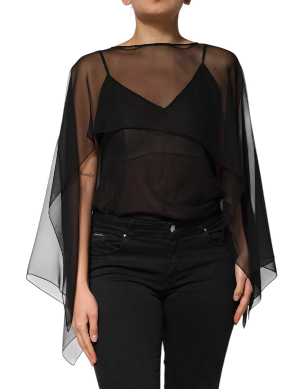 Black See Through Silk Chiffon Lace Blouse Top