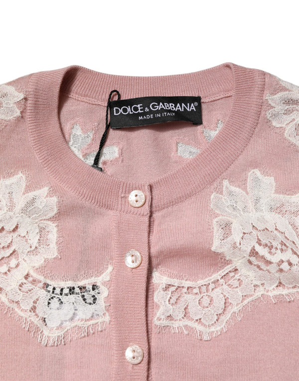 Pink Floral Lace Detailing Cardigan Sweater