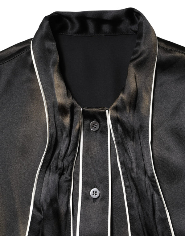 Black Silk Ascot Collared Button Blouse Top