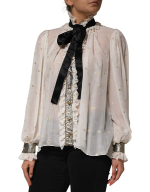 White Black Silk Long Sleeve Ascot Collar Top