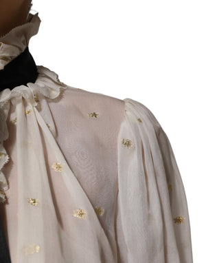 White Black Silk Long Sleeve Ascot Collar Top