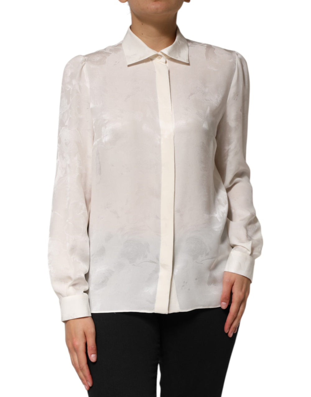 White Silk Long Sleeves Collared Shirt Top