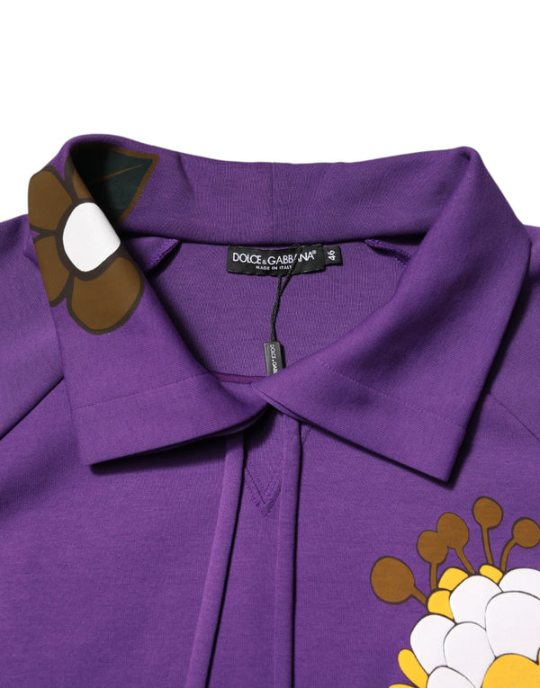 Purple Floral Print Cotton Long Sleeves Top