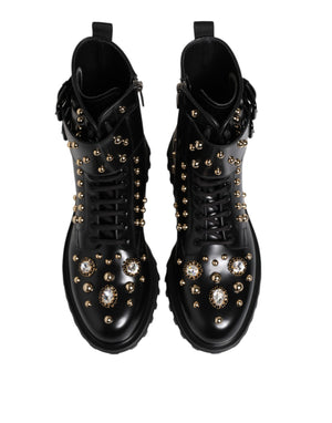 Black Studded Lace Up Mid Calf Boots Shoes