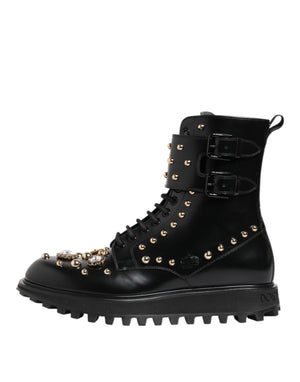 Black Studded Lace Up Mid Calf Boots Shoes