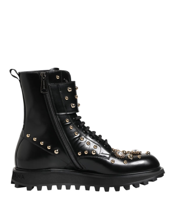 Black Studded Lace Up Mid Calf Boots Shoes
