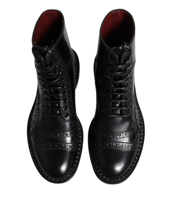 Black Leather Lace Up Mid Calf Boots Shoes