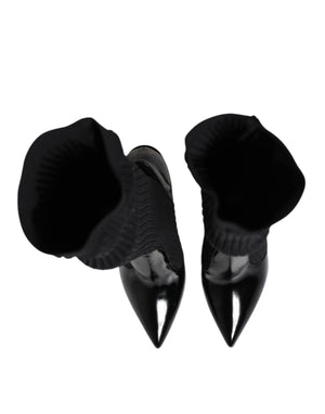 Black Leather Ribbed Knit Knee Boots Shoes