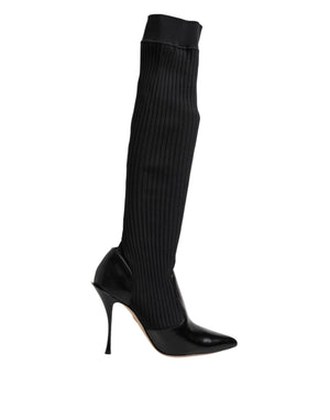 Black Leather Ribbed Knit Knee Boots Shoes