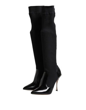 Black Leather Ribbed Knit Knee Boots Shoes