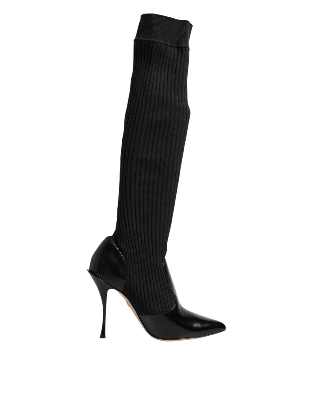 Black Leather Ribbed Knit Knee Boots Shoes