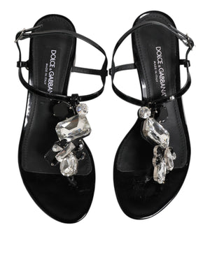 Black Leather Crystal Ankle Strap Sandals Shoes