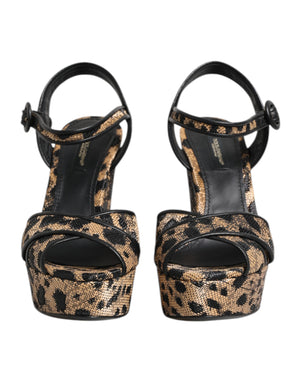 Brown Leopard Wedges Ankle Strap Sandals Shoes