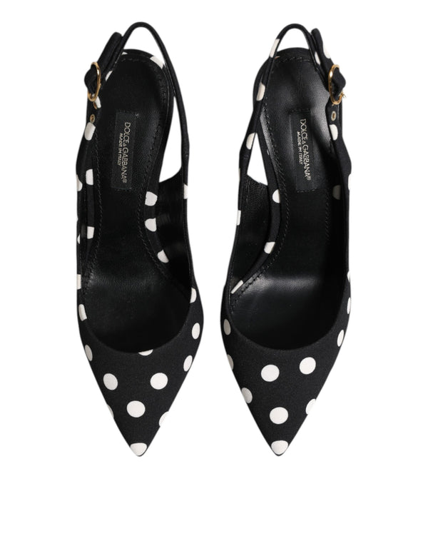 Black White Dotted Stiletto Slingback Shoes