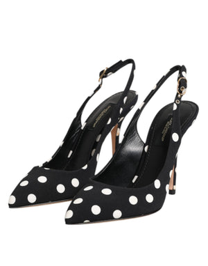 Black White Dotted Stiletto Slingback Shoes