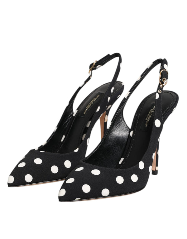 Black White Dotted Stiletto Slingback Shoes
