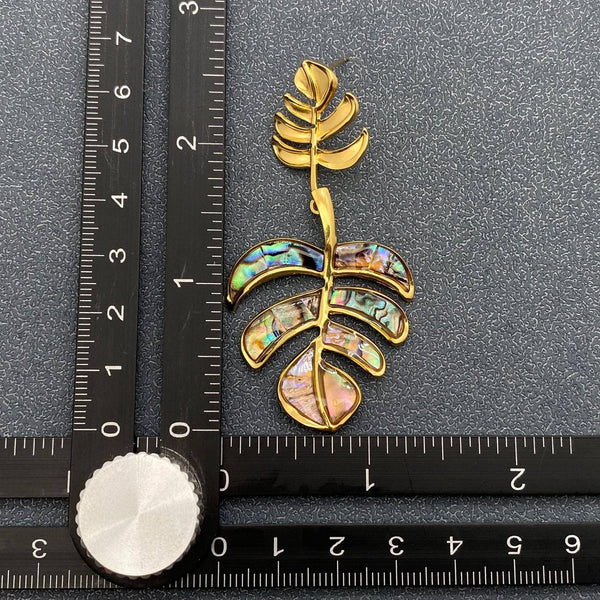 Gold Abalone Monstera Leaf Statement Earrings