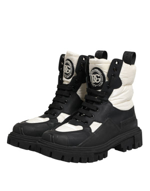 Black White Padded Mid Calf Lace Up Boots Shoes