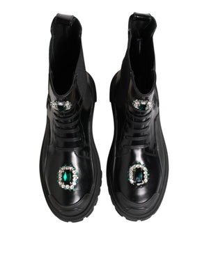 Black Crystal Embellished Combat Boots Shoes