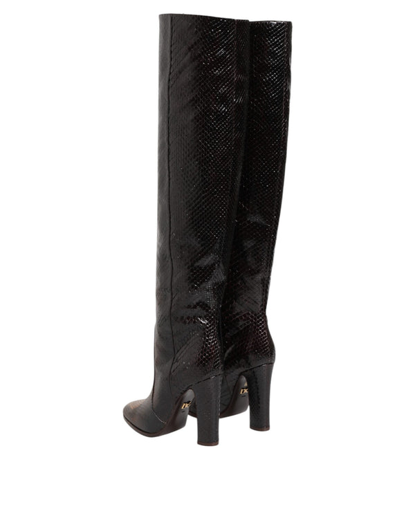 Brown Python Snakeskin Print Riding Boots Shoes