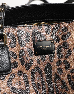 Brown Leopard GLAM Leather Logo Plaque Tote Bag