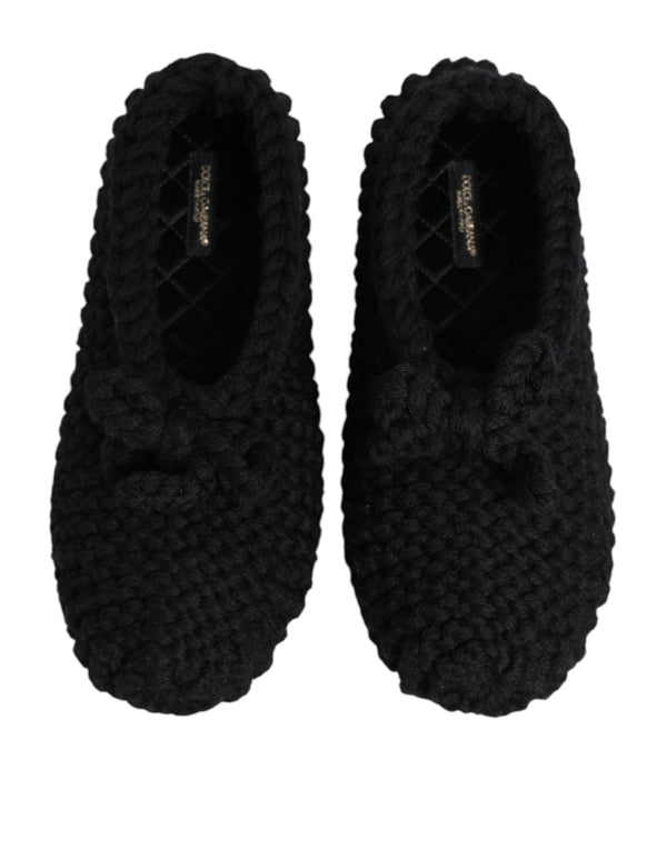 Black Wool Knit Slip On Ballerina Flats Shoes