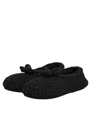 Black Wool Knit Slip On Ballerina Flats Shoes