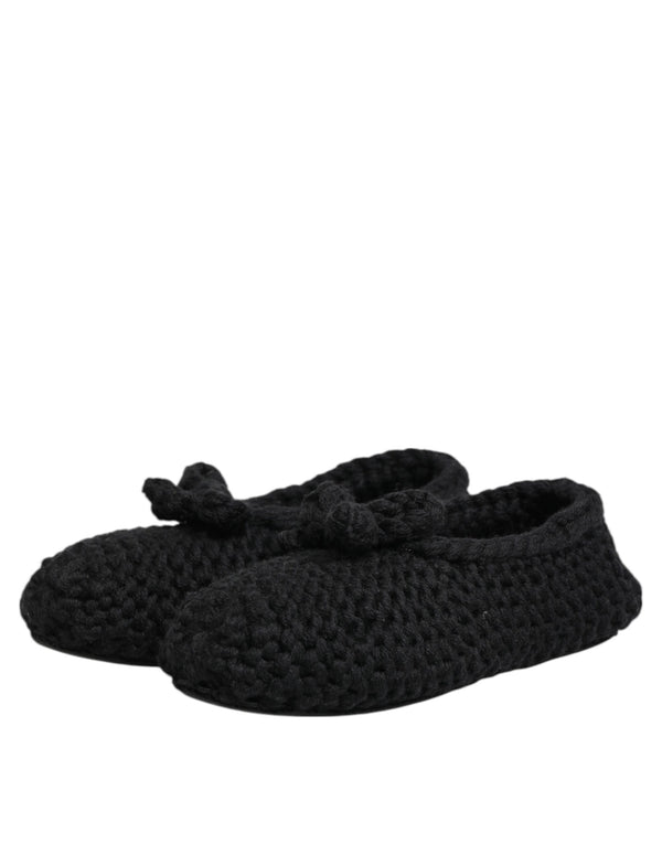 Black Wool Knit Slip On Ballerina Flats Shoes