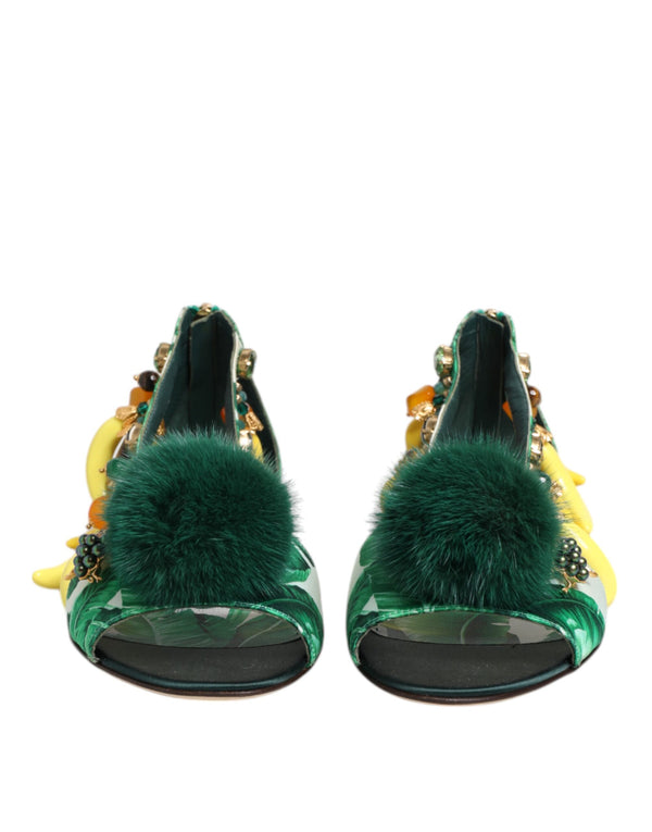 Green Mink Fur Satin Banana Leaf Sandals Shoes