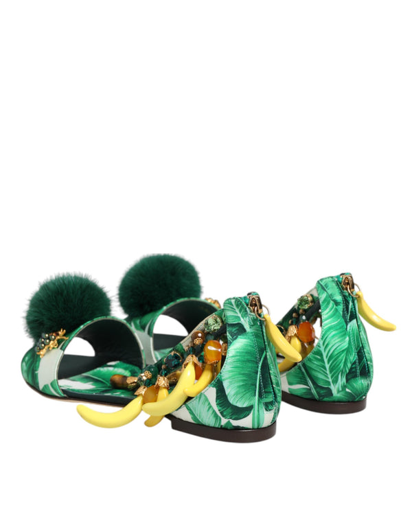 Green Mink Fur Satin Banana Leaf Sandals Shoes
